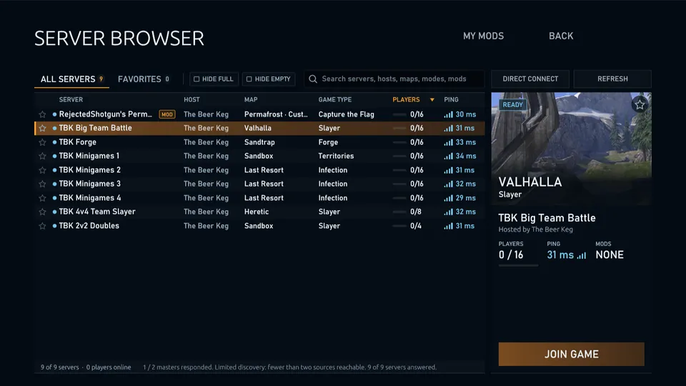 The server browser listing live community servers in compact rows, with the selected server's card showing its map, players and ping beside the list.