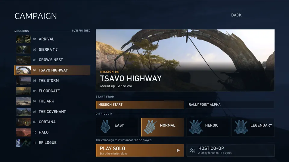 The Campaign page: the missions on the left, and Tsavo Highway chosen with where it starts, the four difficulties, Play Solo and Host Co-op.
