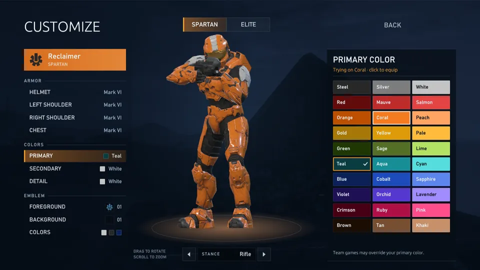The Customize page: the list of armor, colors and emblem on the left, the character center stage in the Coral color being tried on, and the primary color deck on the right.