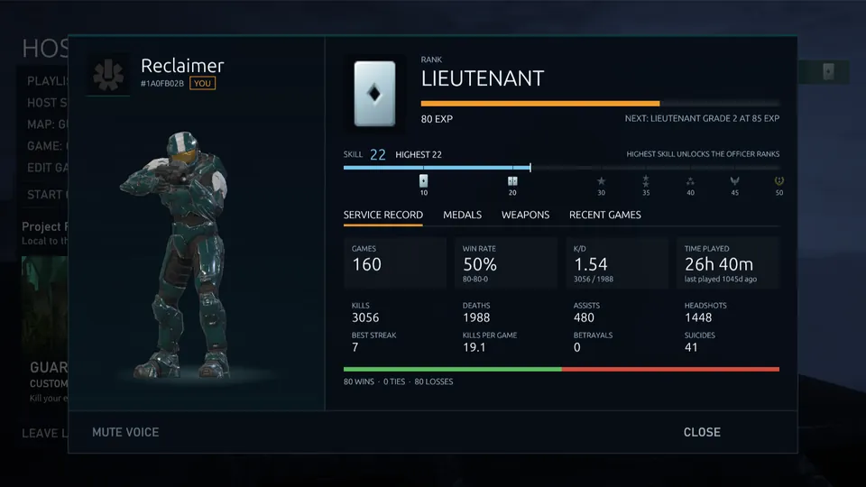 The player details window: the character, the Lieutenant rank with its EXP bar, the skill meter and the service record.