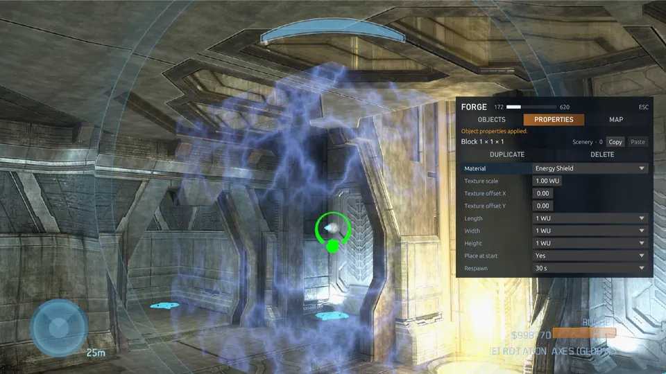 Forge on Guardian: a block with the Energy Shield material, beside the Forge menu's Properties tab.