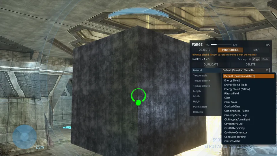 The Material list open in the Forge menu over a placed block: energy shields, plasma field, glass and the map's own surfaces.