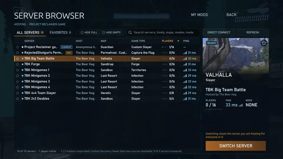 The server browser open over a running game, with the current game tagged and another server selected for Switch Server.