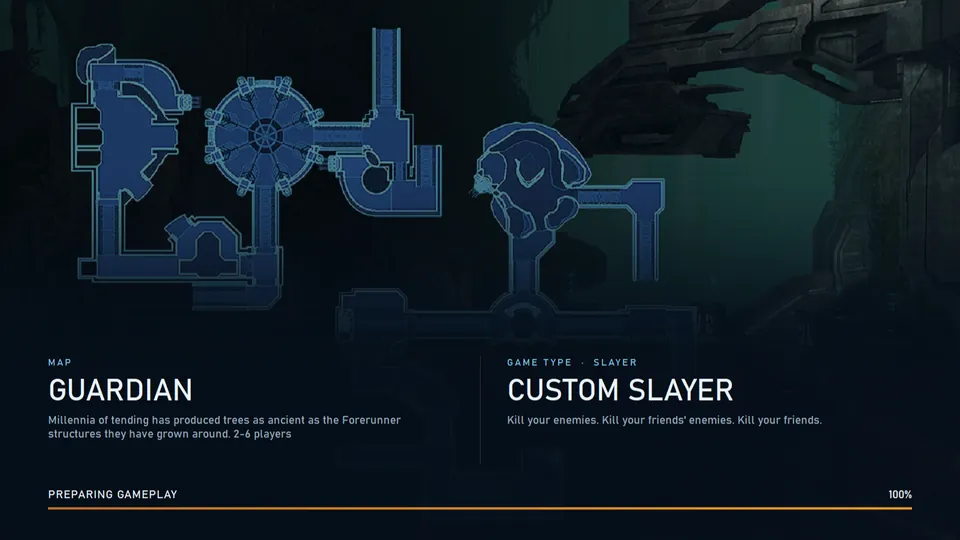 The loading screen with the map Guardian and the game type Custom Slayer side by side over a progress bar.