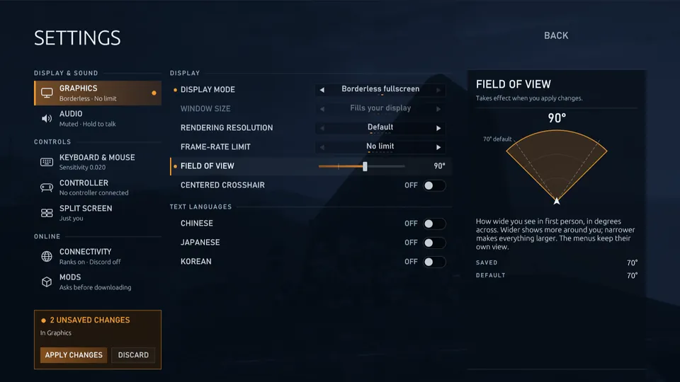 The Settings page on Graphics: the categories on the left, the display settings with Borderless fullscreen and a 90 degree field of view marked as changed, two unsaved changes with Apply changes and Discard, and a panel drawing the field of view from above.