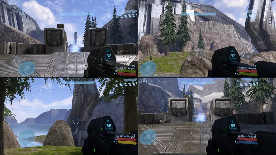 Four-player split screen on Valhalla: four players on one PC in a game on a dedicated server, each view with its own HUD and score bar in their color.